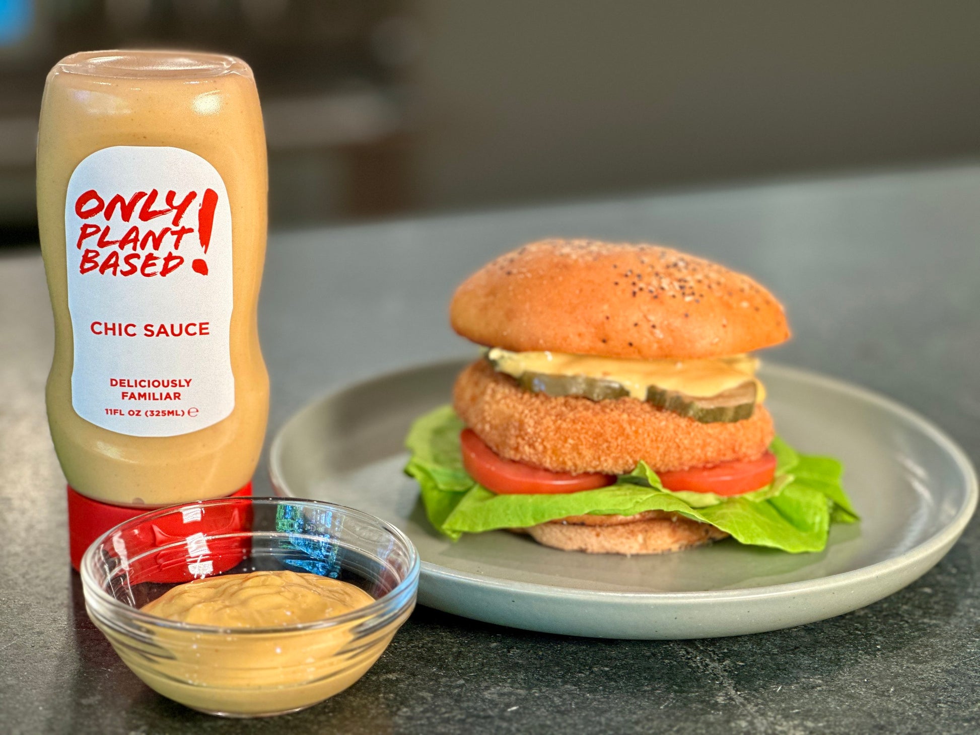 Fantastic Chic Sauce paired with Plantasia Foods gluten-free and soy-free chick'n patty